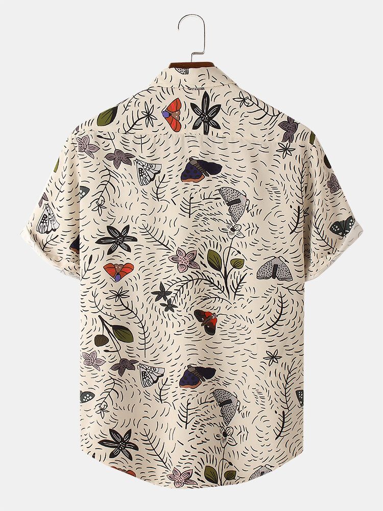 Camisa De Manga Corta Con Solapa Y Estampado De Mariposas Y Flores Mes