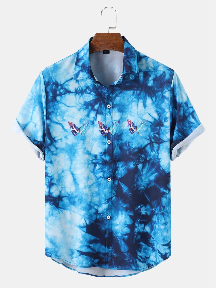 Camisa De Manga Corta Con Solapa Y Estampado De Mariposas Tie-dye Para Hombre