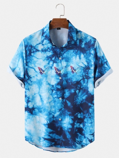 Camisa De Manga Corta Con Solapa Y Estampado De Mariposas Tie-dye Para Hombre