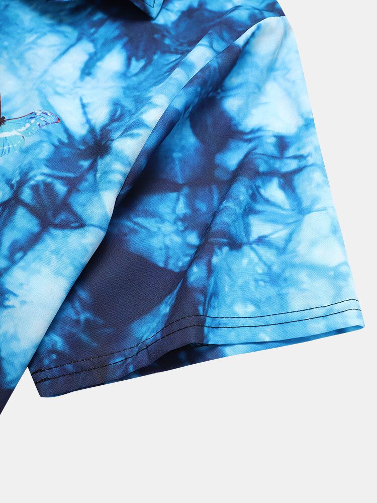 Camisa De Manga Corta Con Solapa Y Estampado De Mariposas Tie-dye Para Hombre