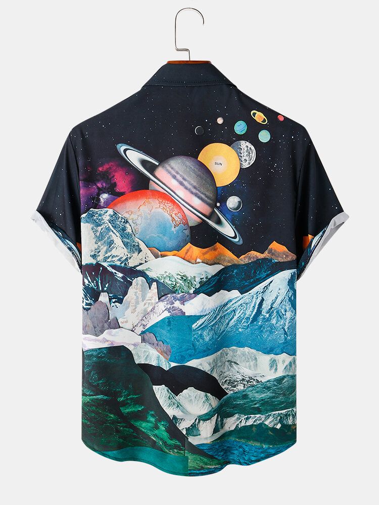 Camisa De Manga Corta Con Solapa Y Estampado Mountain & Planet Para Hombre