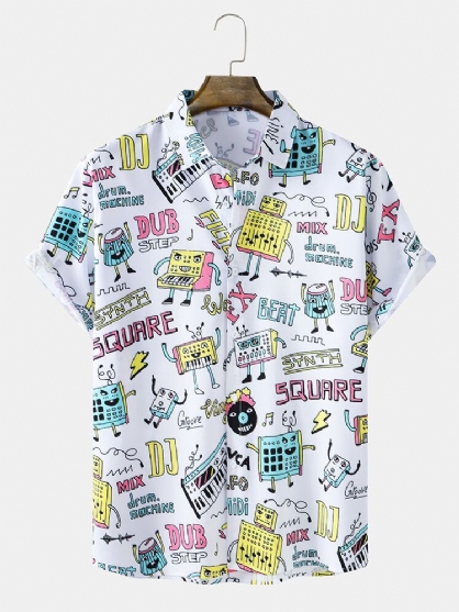 Camisa De Manga Corta Con Solapa Y Estampado De Música De Dibujos Animados Para Hombre