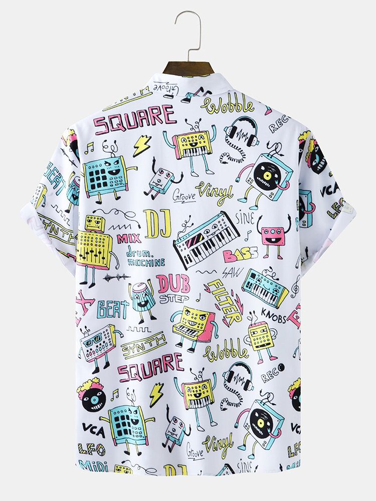 Camisa De Manga Corta Con Solapa Y Estampado De Música De Dibujos Animados Para Hombre