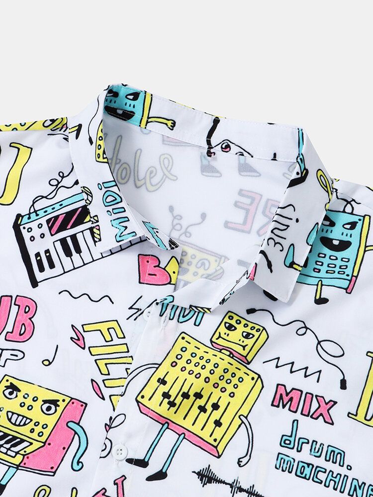 Camisa De Manga Corta Con Solapa Y Estampado De Música De Dibujos Animados Para Hombre