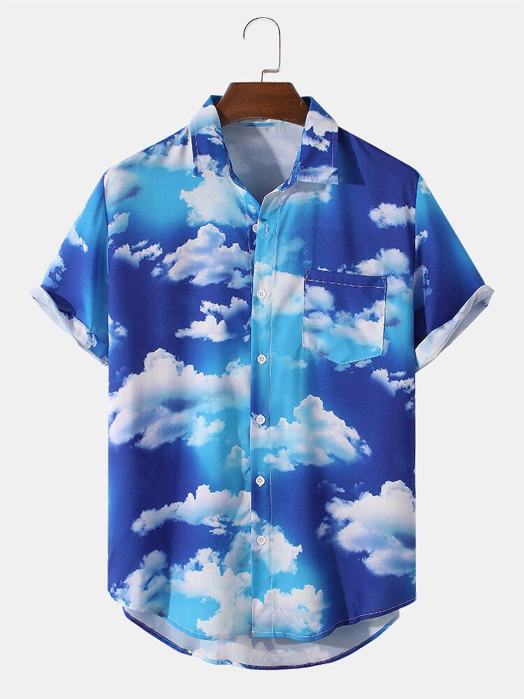 Camisa De Manga Corta Con Solapa Y Estampado De Nubes Blancas Y Cielo Para Hombre