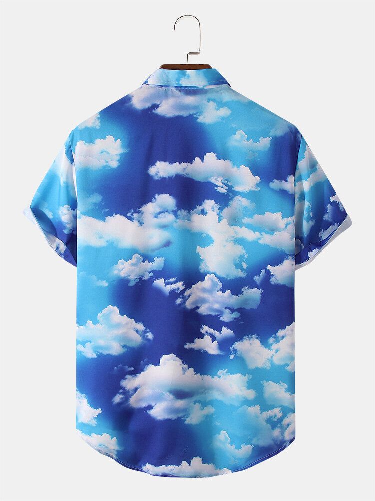 Camisa De Manga Corta Con Solapa Y Estampado De Nubes Blancas Y Cielo Para Hombre