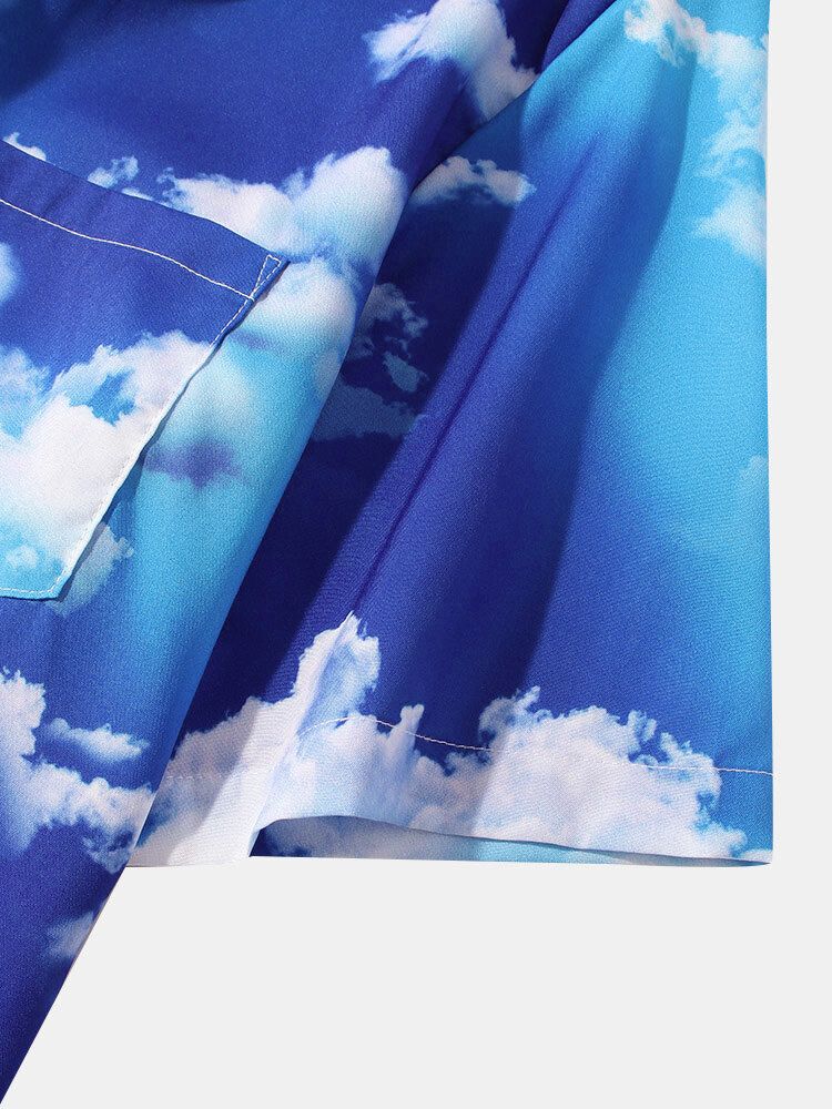 Camisa De Manga Corta Con Solapa Y Estampado De Nubes Blancas Y Cielo Para Hombre