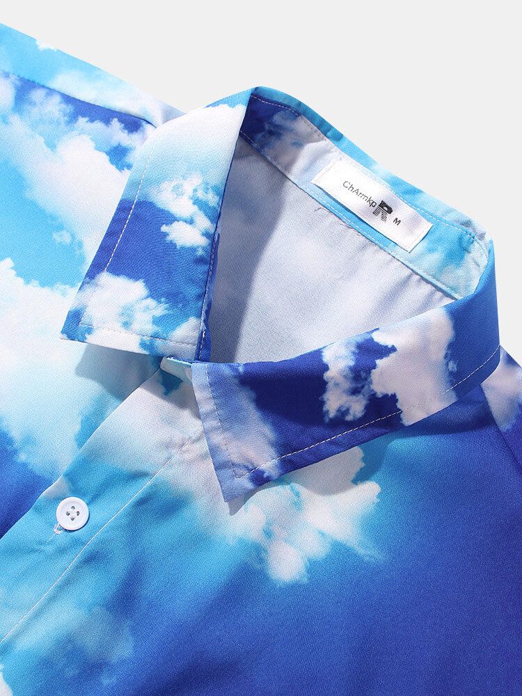 Camisa De Manga Corta Con Solapa Y Estampado De Nubes Blancas Y Cielo Para Hombre