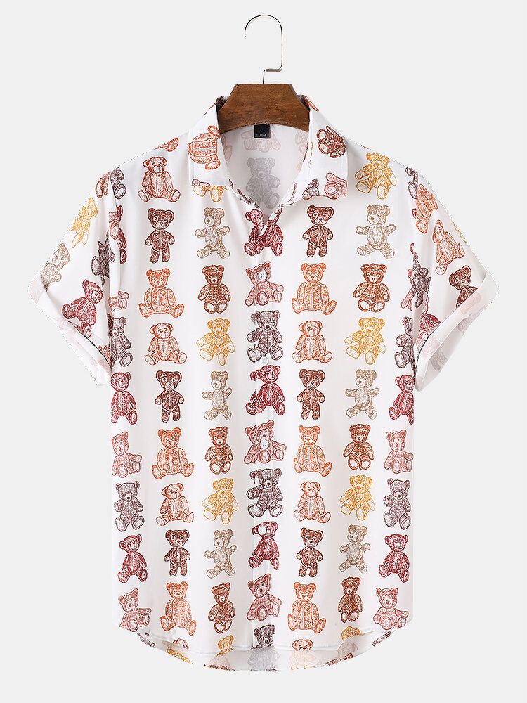 Camisa De Manga Corta Con Solapa Y Estampado De Oso De Peluche De Dibujos Animados Para Hombre