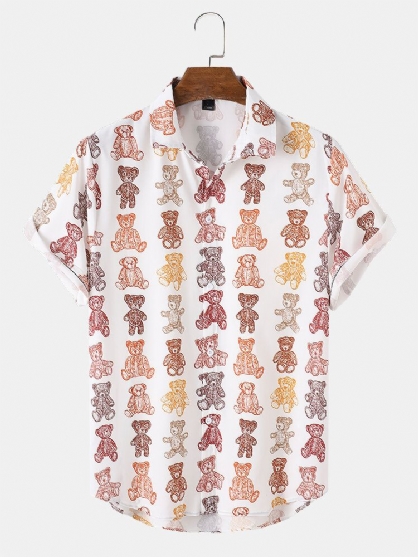 Camisa De Manga Corta Con Solapa Y Estampado De Oso De Peluche De Dibujos Animados Para Hombre