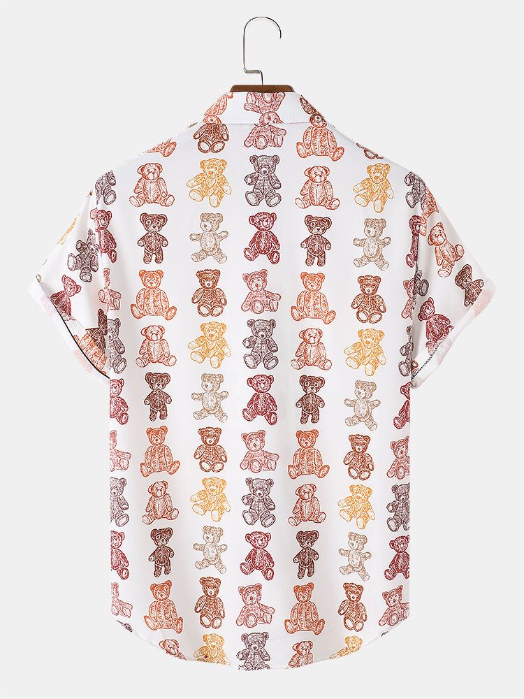 Camisa De Manga Corta Con Solapa Y Estampado De Oso De Peluche De Dibujos Animados Para Hombre