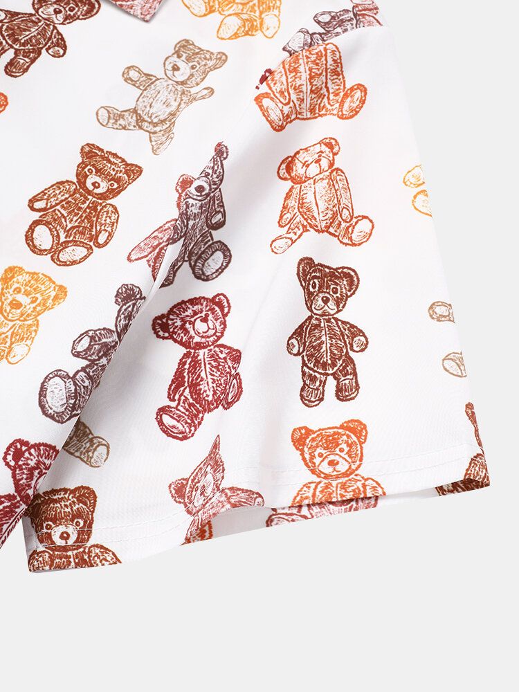 Camisa De Manga Corta Con Solapa Y Estampado De Oso De Peluche De Dibujos Animados Para Hombre