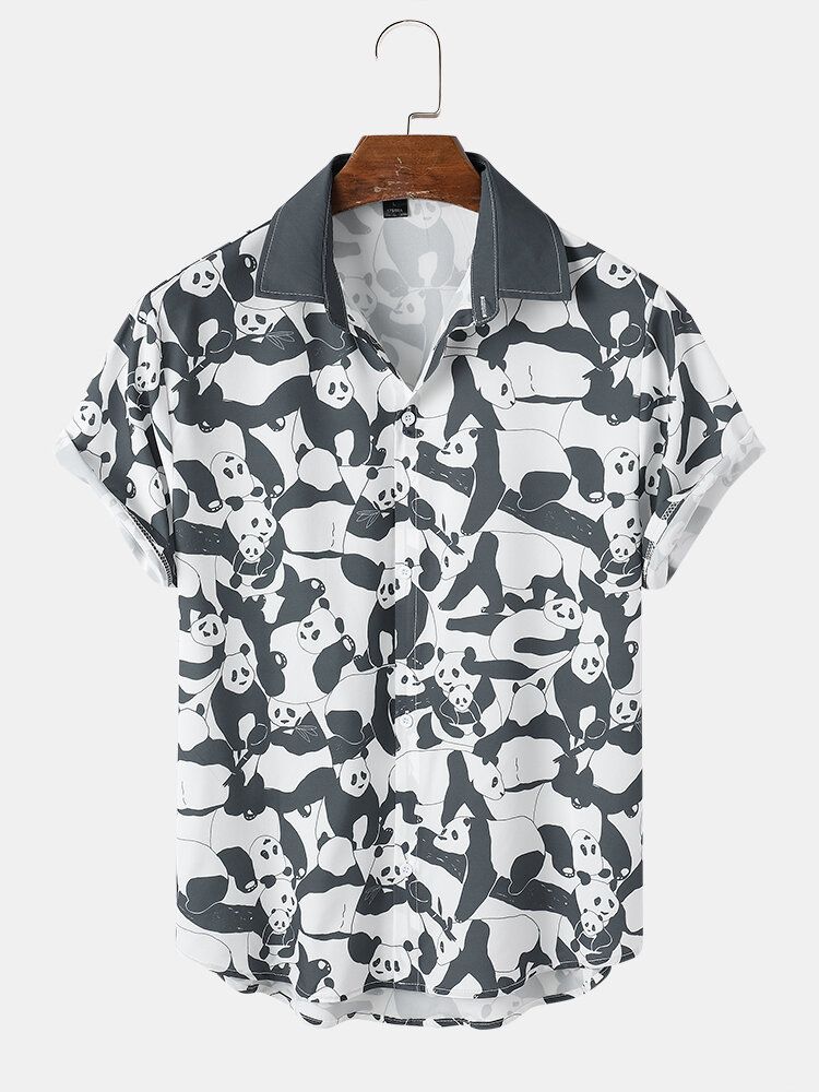 Camisa De Manga Corta Con Solapa Y Estampado De Panda De Dibujos Animados Para Hombre