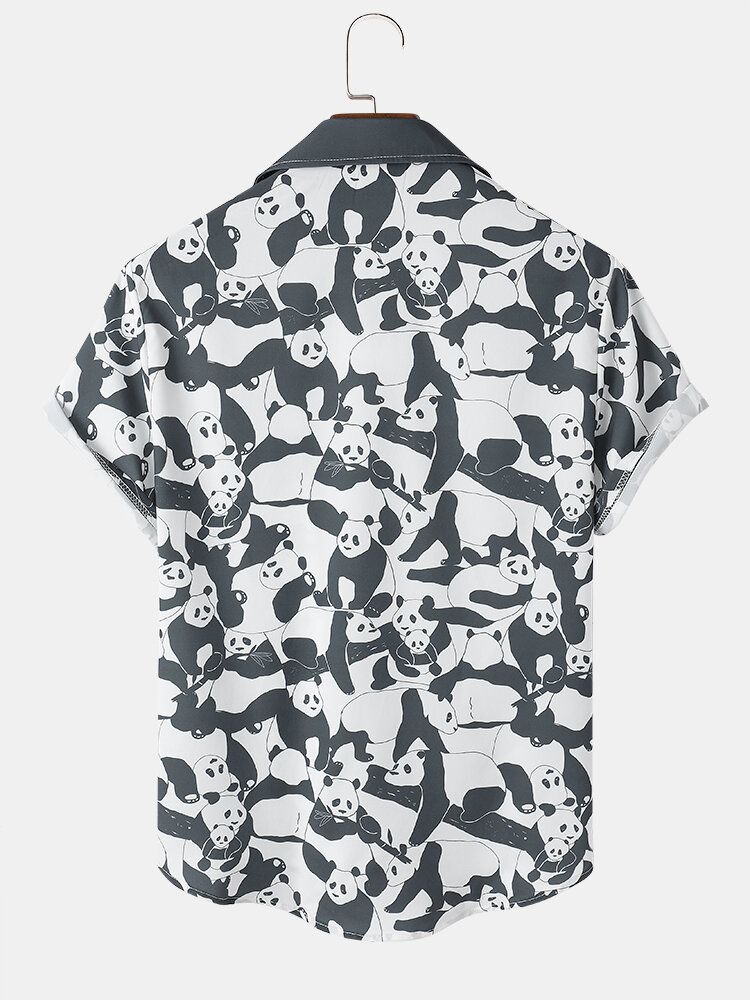 Camisa De Manga Corta Con Solapa Y Estampado De Panda De Dibujos Animados Para Hombre