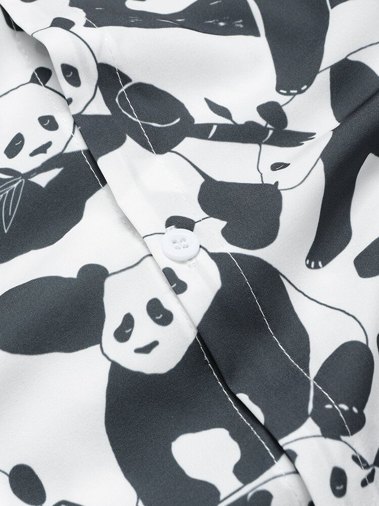 Camisa De Manga Corta Con Solapa Y Estampado De Panda De Dibujos Animados Para Hombre