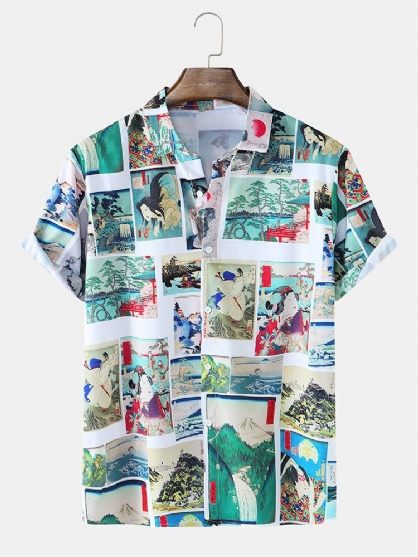 Camisa De Manga Corta Con Solapa Y Estampado De Personajes Étnicos De Dibujos Animados Para Hombre