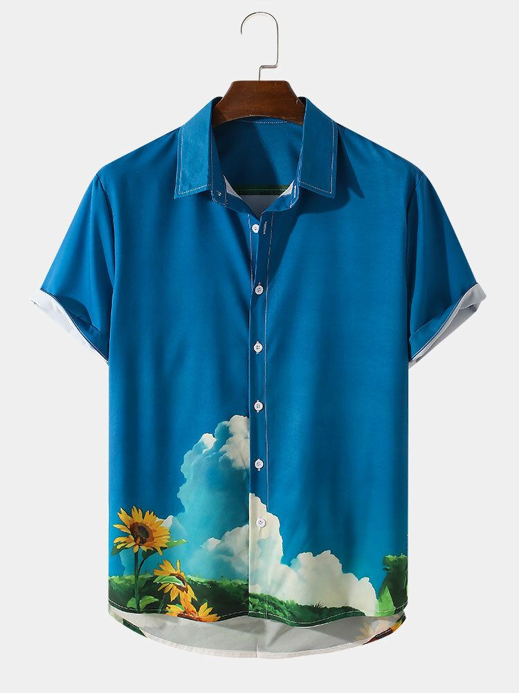 Camisa De Manga Corta Con Solapa Y Estampado Rural De Girasoles Y Pastizales Para Hombre