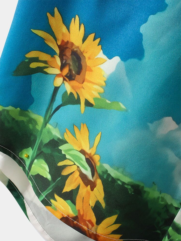 Camisa De Manga Corta Con Solapa Y Estampado Rural De Girasoles Y Pastizales Para Hombre