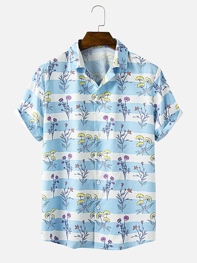 Camisa De Manga Corta Con Solapa Y Rayas Con Estampado De Flores Para Hombre