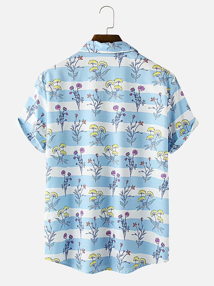 Camisa De Manga Corta Con Solapa Y Rayas Con Estampado De Flores Para Hombre