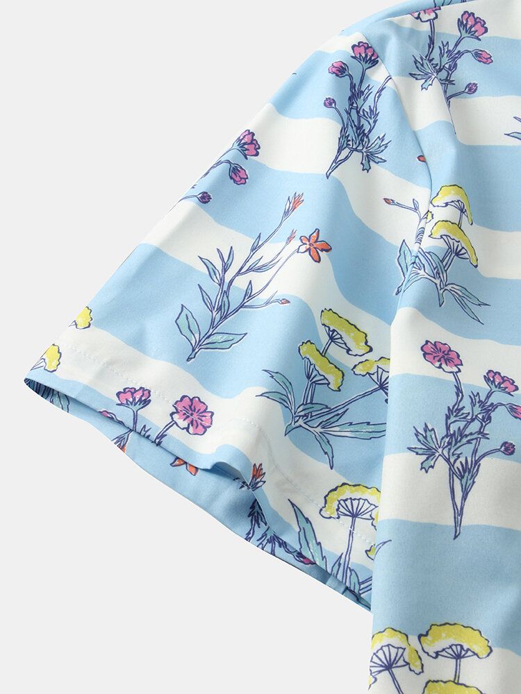 Camisa De Manga Corta Con Solapa Y Rayas Con Estampado De Flores Para Hombre