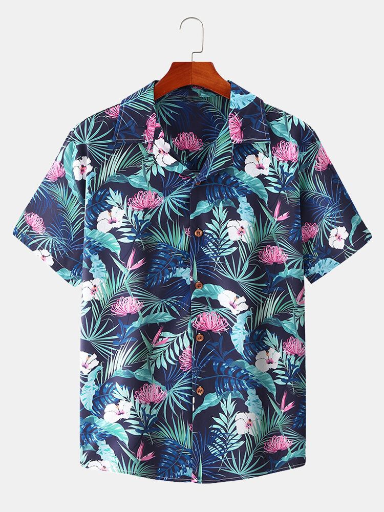 Camisa De Manga Corta Delgada Informal De Vacaciones Con Solapa Con Estampado Floral Tropical Para Hombre