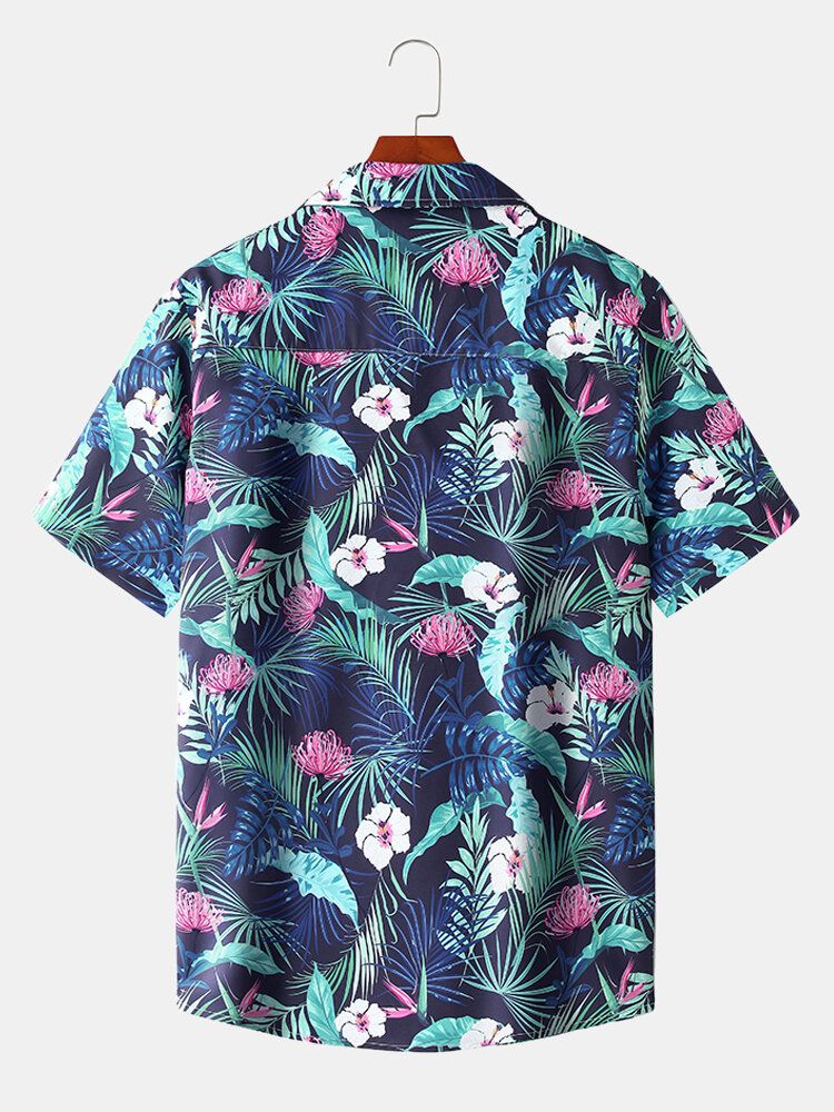 Camisa De Manga Corta Delgada Informal De Vacaciones Con Solapa Con Estampado Floral Tropical Para Hombre