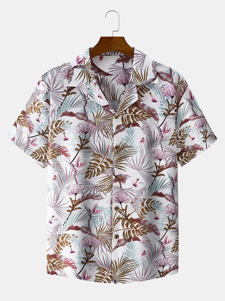 Camisa De Manga Corta Delgada Informal De Vacaciones Con Solapa Con Estampado Floral Tropical Para Hombre