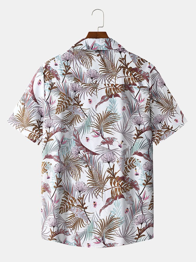 Camisa De Manga Corta Delgada Informal De Vacaciones Con Solapa Con Estampado Floral Tropical Para Hombre