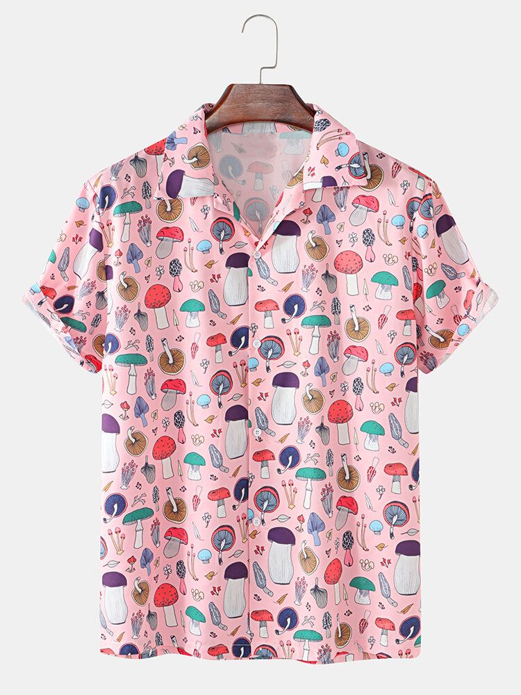 Camisa De Manga Corta De Espíritu Comunitario Con Estampado De Hongos De Dibujos Animados Para Hombre