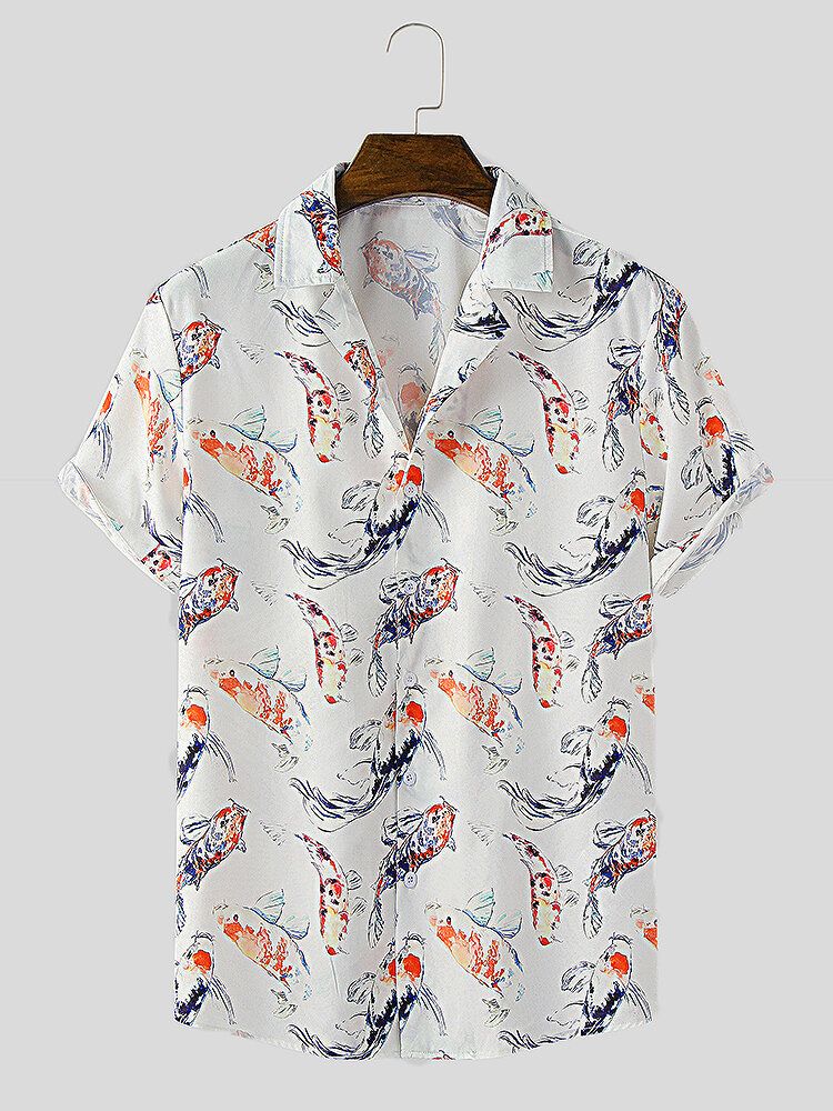 Camisa De Manga Corta De Solapa Con Estampado De Pintura De Tinta De Pez De Estilo Étnico Para Hombre