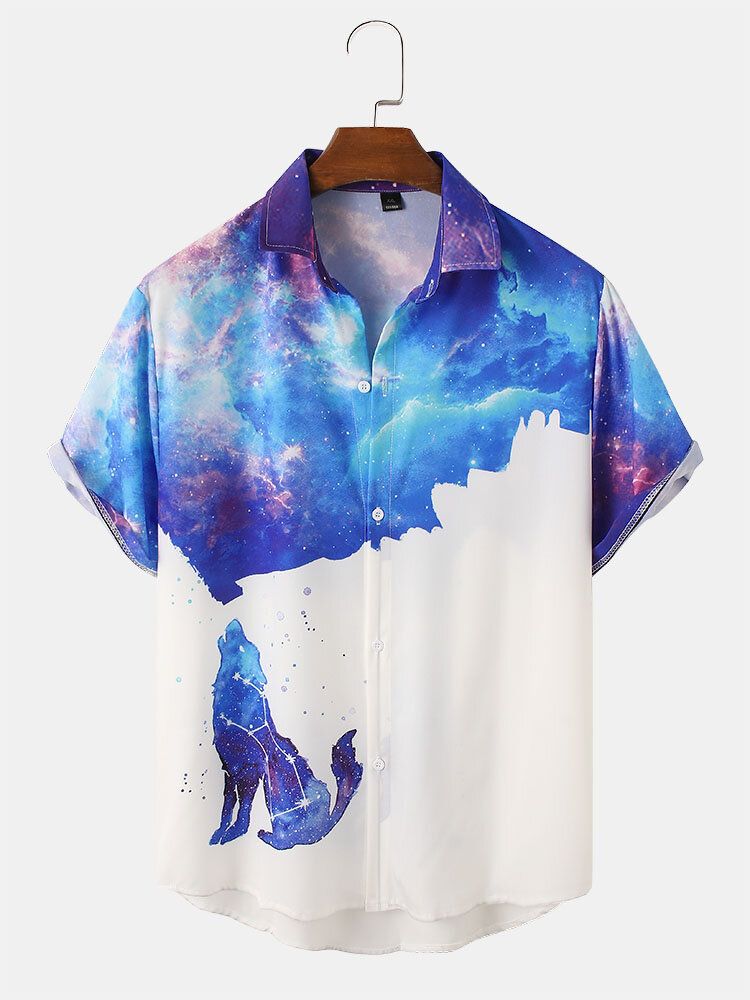 Camisa De Manga Corta De Solapa Informal Con Estampado De Lobo De Cielo Estrellado Colorido Para Hombre