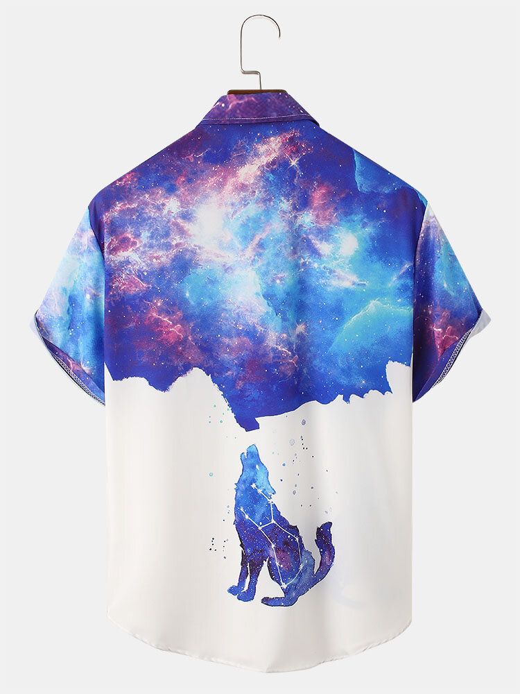 Camisa De Manga Corta De Solapa Informal Con Estampado De Lobo De Cielo Estrellado Colorido Para Hombre