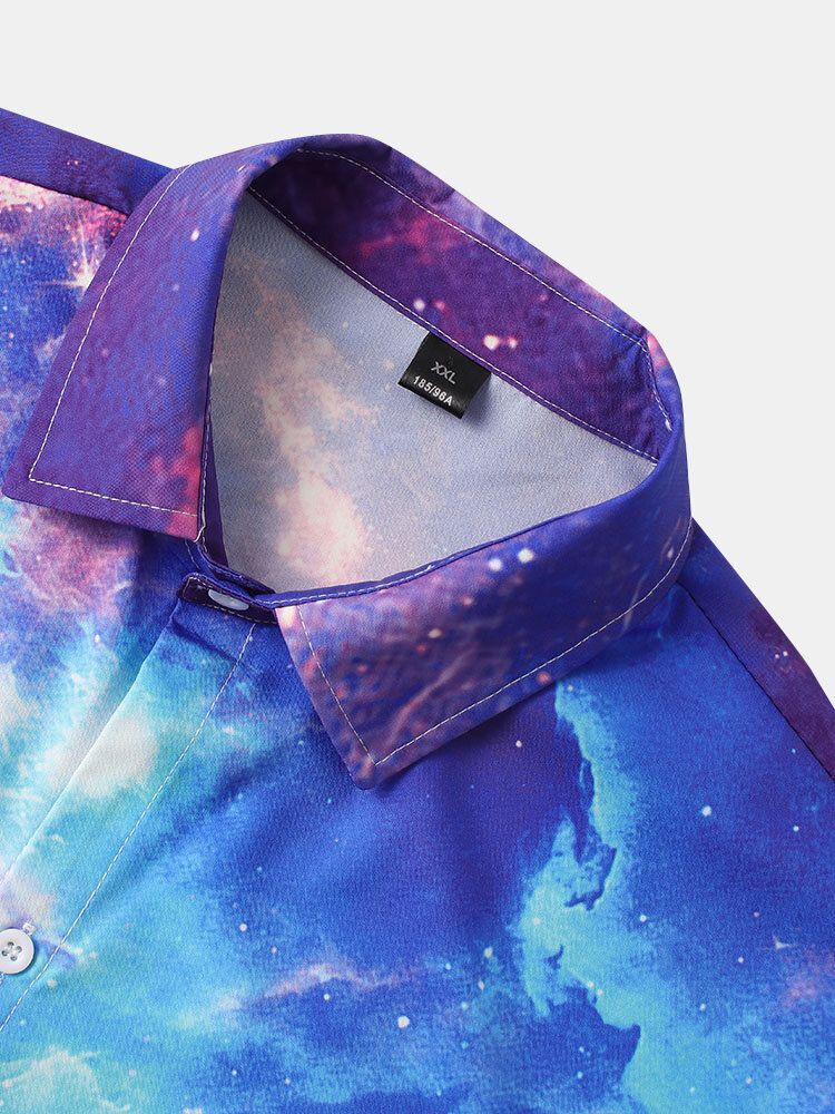 Camisa De Manga Corta De Solapa Informal Con Estampado De Lobo De Cielo Estrellado Colorido Para Hombre