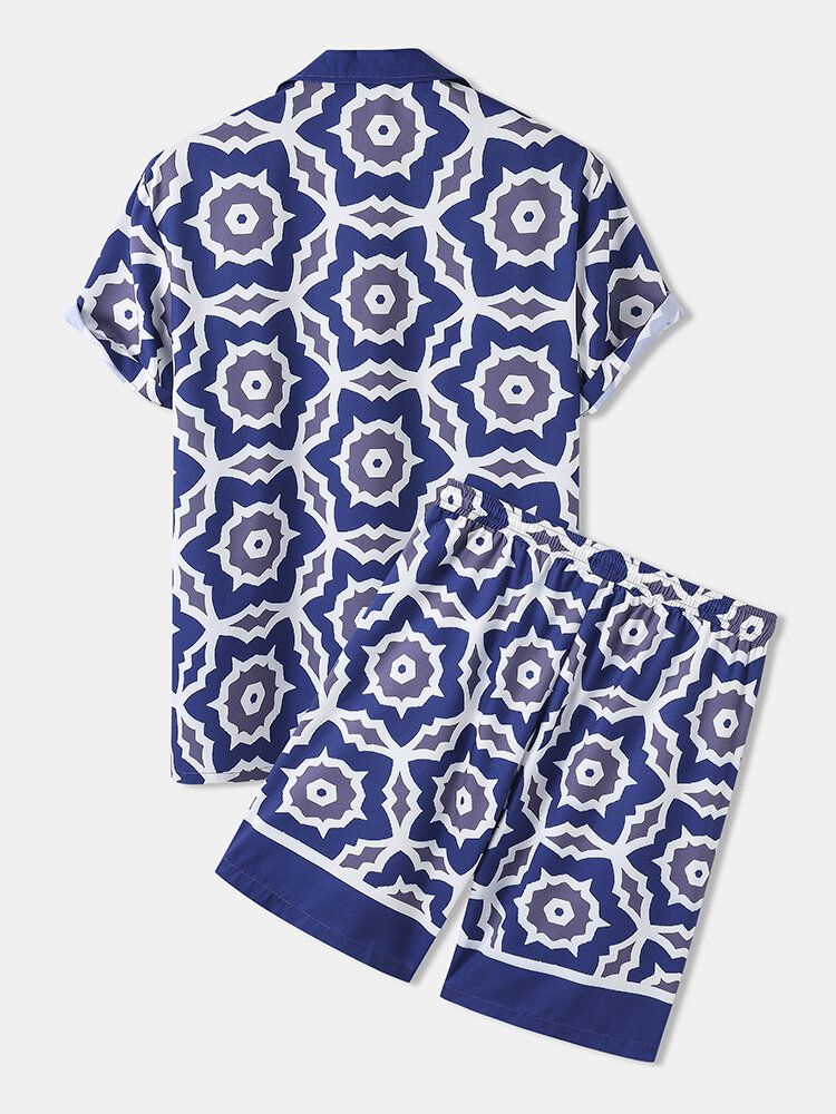 Camisa De Manga Corta Y Pantalones Cortos Con Cuello Reverente Y Estampado Barroco Azul Para Hombre Conjuntos De Dos Piezas