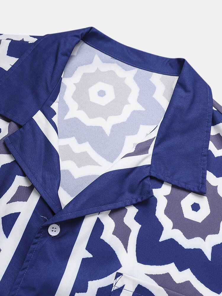 Camisa De Manga Corta Y Pantalones Cortos Con Cuello Reverente Y Estampado Barroco Azul Para Hombre Conjuntos De Dos Piezas