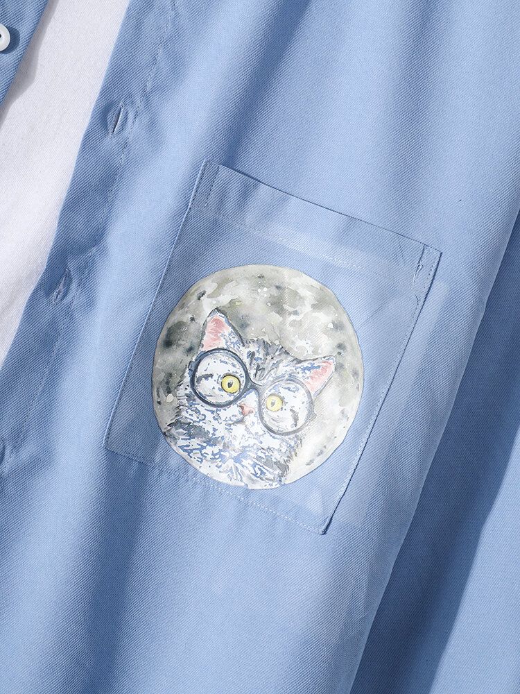 Camisa De Manga Larga De Algodón Con Solapa De Bolsillo De Gato De Dibujos Animados De Color Sólido Para Hombre