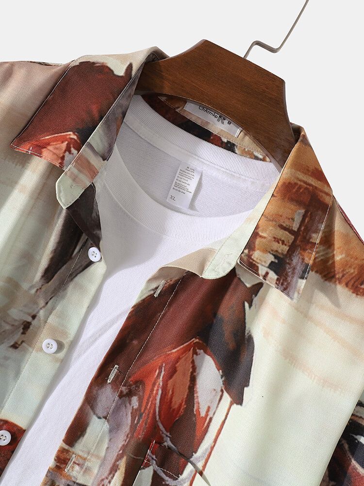 Camisa De Manga Larga Casual Con Solapa Y Estampado De Pintura Retro Para Hombre