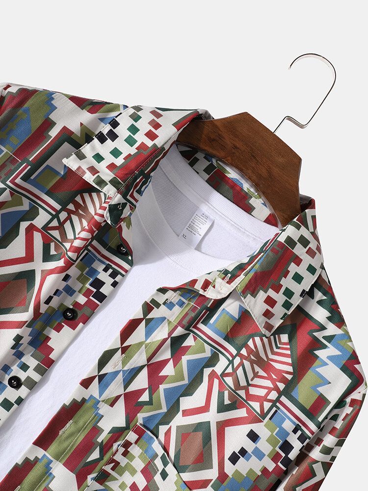 Camisa De Manga Larga Casual De Solapa Con Estampado Geométrico Vintage Para Hombre