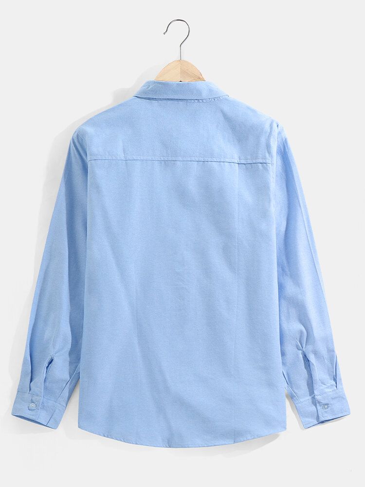 Camisa De Manga Larga Con Solapa De Algodón De Color Sólido De Estilo Básico Para Hombre Con Bolsillo