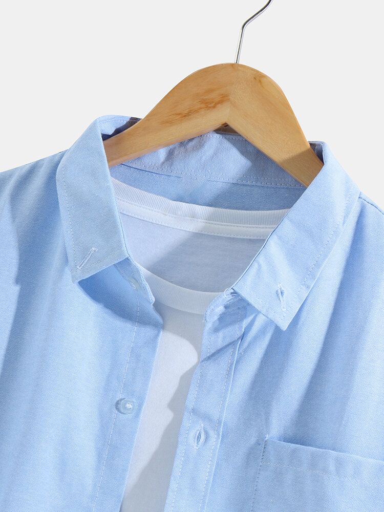 Camisa De Manga Larga Con Solapa De Algodón De Color Sólido De Estilo Básico Para Hombre Con Bolsillo