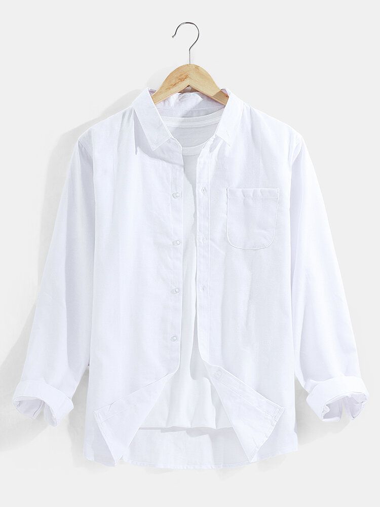 Camisa De Manga Larga Con Solapa De Algodón De Color Sólido De Estilo Básico Para Hombre Con Bolsillo