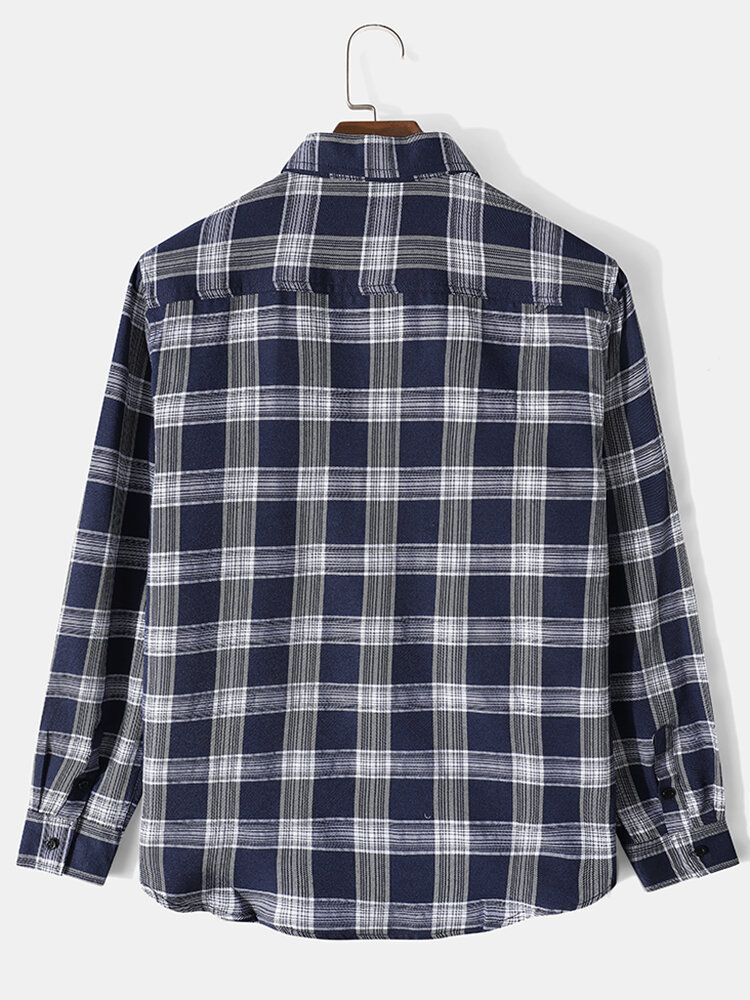 Camisa De Manga Larga Con Solapa De Bolsillo En El Pecho De 100% Algodón Con Estampado Regular A Cuadros Para Hombre