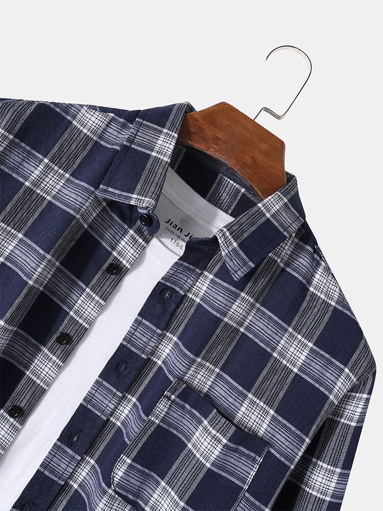 Camisa De Manga Larga Con Solapa De Bolsillo En El Pecho De 100% Algodón Con Estampado Regular A Cuadros Para Hombre