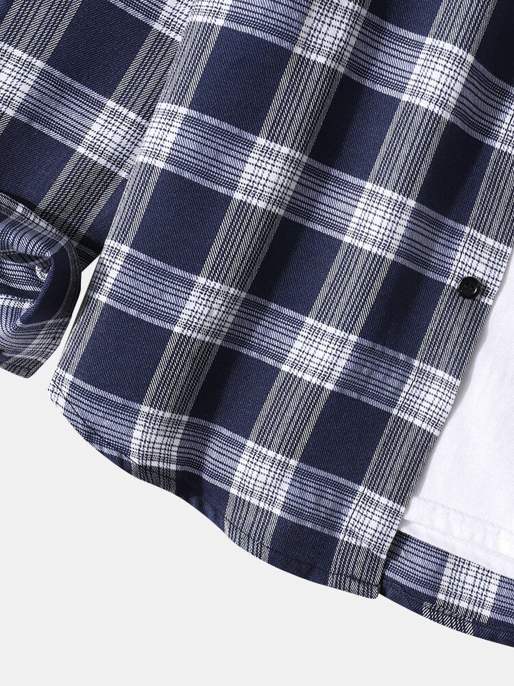 Camisa De Manga Larga Con Solapa De Bolsillo En El Pecho De 100% Algodón Con Estampado Regular A Cuadros Para Hombre