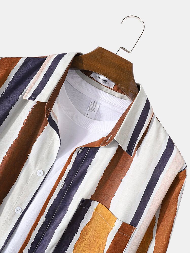 Camisa De Manga Larga Con Solapa De Bolsillo Con Estampado De Rayas De Acuarela Para Hombre