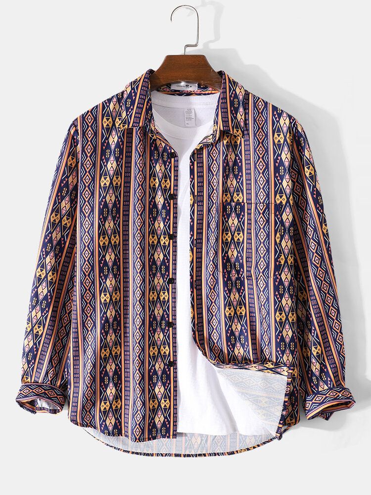 Camisa De Manga Larga Con Solapa Casual Vintage Con Estampado Tribal Para Hombre