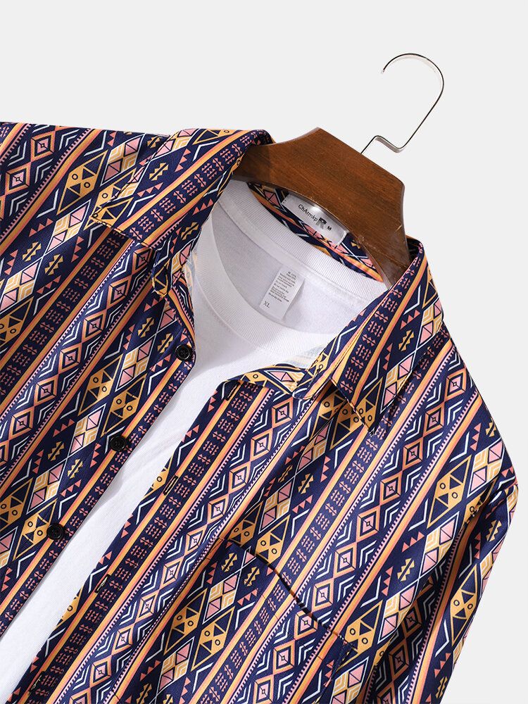 Camisa De Manga Larga Con Solapa Casual Vintage Con Estampado Tribal Para Hombre