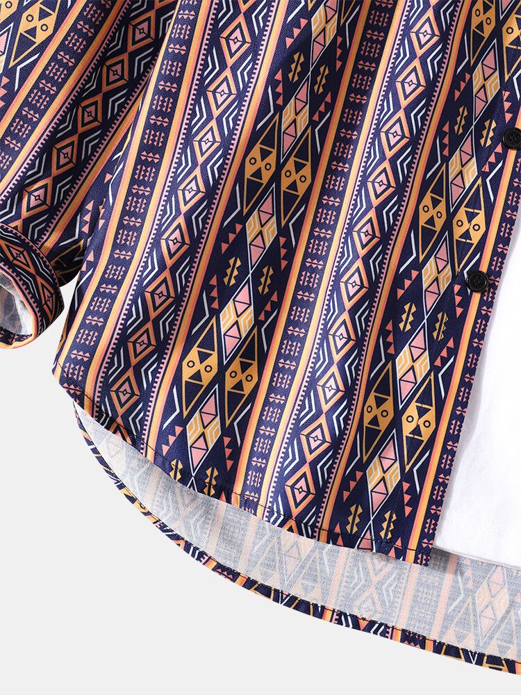 Camisa De Manga Larga Con Solapa Casual Vintage Con Estampado Tribal Para Hombre