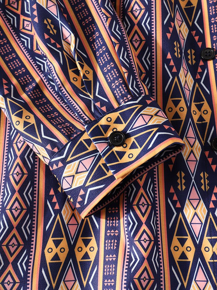 Camisa De Manga Larga Con Solapa Casual Vintage Con Estampado Tribal Para Hombre